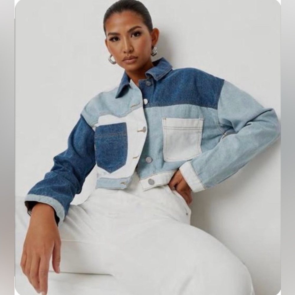 Missguided Denim Patchwork Cropped Jacket | Size 6 - image 1